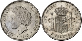 * 1893*1893. Alfonso XIII. PGL. 5 pesetas. (Cal. 21). 24,95 g. Limpiada. MBC+.