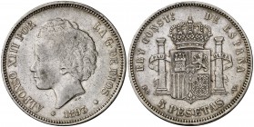 1893*189-. Alfonso XIII. PGV. 5 pesetas. (Cal. 22). 24,87 g. Ex Áureo & Calicó 28-29/05/2013, nº 2479. Escasa. BC+/MBC-.