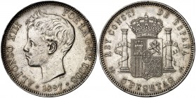 1897*1897. Alfonso XIII. SGV. 5 pesetas. (Cal. 26). 25,04 g. Buen ejemplar. Ex Áureo & Calicó 28-29/05/2013, nº 2484. MBC+.
