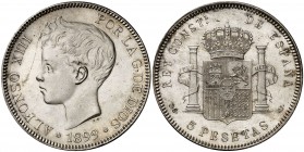 1899*1899. Alfonso XIII. SGV. 5 pesetas. (Cal. 28). 25,04 g. Rayitas. EBC/EBC+.