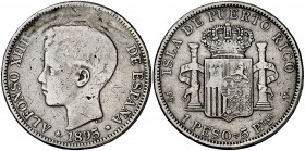 1895. Alfonso XIII. Puerto Rico. PGV. 1 peso. (Cal. 82). 24,60 g. Sirvió como joya. Parte de la leyenda de anverso borrada. Ex Áureo 14/06/1994, nº 27...