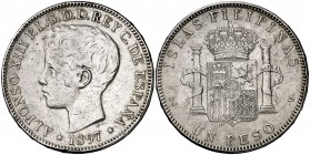 1897. Alfonso XIII. Manila. SGV. 1 peso. (Cal. 81). 24,76 g. Golpes. (MBC-).