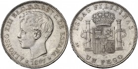 1897. Alfonso XIII. Manila. SGV. 1 peso. (Cal. 81). 25,06 g. Leves marquitas. Buen ejemplar. MBC+.