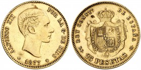 1877*1877. Alfonso XII. DEM. 25 pesetas. (Cal. 3). 8,03 g. Contramarca particular en reverso. MBC.