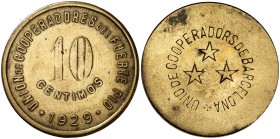 Barcelona. Unió de Cooperadors del Fuerte Pío. 10 céntimos. (AL. 1615) Contramarca Unió de Cooperadors de Barcelona. MBC-.