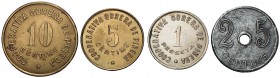 Pineda de Mar. Cooperativa Obrera. 5, 10, 25 céntimos y 1 peseta. (AL. 486 a 488 y 490). Cuatro monedas. Escasas. MBC/EBC.