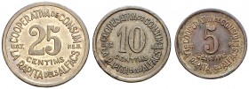 Ràpita dels Alfacs, La. Cooperativa de Consum U.G.T.-P. S. U. 5, 10 y 25 céntimos. (AL. 2798 y falta). Tres monedas. Raras. MBC-/MBC+.