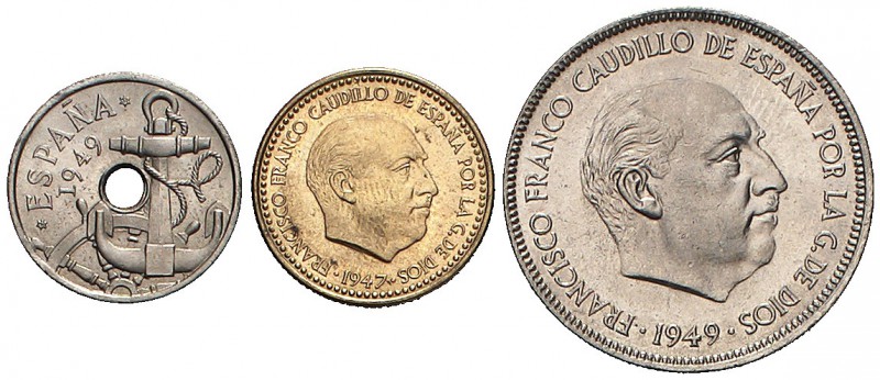 * 1949*E-51. 50 céntimos, 1 y 5 pesetas. (Cal. 138). Serie completa con el sobre...