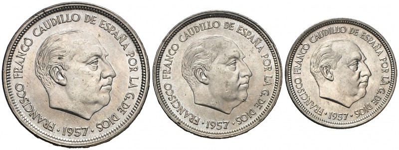 1957. Estado Español. BA (Barcelona). 5, 25 y 50 pesetas. (Cal. 139). Serie comp...