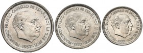 1957. Estado Español. BA (Barcelona). 5, 25 y 50 pesetas. (Cal. 139). Serie completa. EBC+.