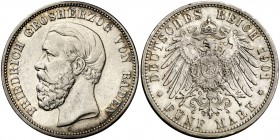 1901. Alemania. Baden. Federico I, Gran Duque. G (Karlsruhe). 5 marcos. (Kr. 268). 27,46 g. AG. Rara. MBC+.