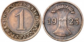 1923. Alemania. F (Stuttgart). 1 rentenpfennig. (Kr. 30). 1,93 g. CU. Golpecitos. Escasa. MBC.