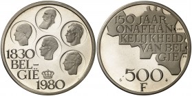 1980. Bélgica. 500 francos. (Kr. 162a). 24,91 g. AG. 150 años de la Independencia. Proof.
