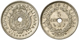 1883. Bolivia. A (París). 5 centavos. (Kr. 169.2). 2,43 g. CU-NI. Perforación central. Bella. S/C-.