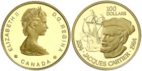1984. Canadá. Isabel II. 100 dólares. (Fr. 15) (Kr. 142). 16,84 g. AU. Jacques Cartier. En estuche oficial con certificado. Proof.
