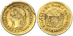 1872. Colombia. Medellín. 1 peso. (Fr. 107) (Kr. 156). 1,57 g. AU. Rayas y golpes. (MBC-).