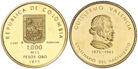 1973. Colombia. 1000 pesos. (Fr. 135) (Kr. 254). 4,22 g. AU. Centenario del nacimiento de Guillermo Valencia. Proof.