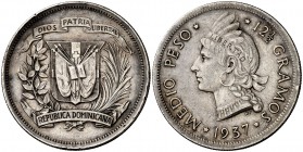 1937. República Dominicana. 1/2 peso. (Kr. 21). 12,40 g. AG. MBC+.