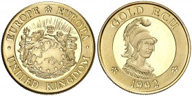 1992. Europa. Reino Unido. 1 ecu de oro. (Kr.UWC. falta). 5,82 g. AU. Britania. En estuche oficial con certificado. Proof.