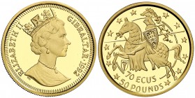 1992. Gibraltar. Isabel II. 70 ecus / 50 libras. (Fr. 14) (Kr. 339). 6,26 g. AU. Acuñación de 1.000 ejemplares. En estuche oficial con certificado. Pr...