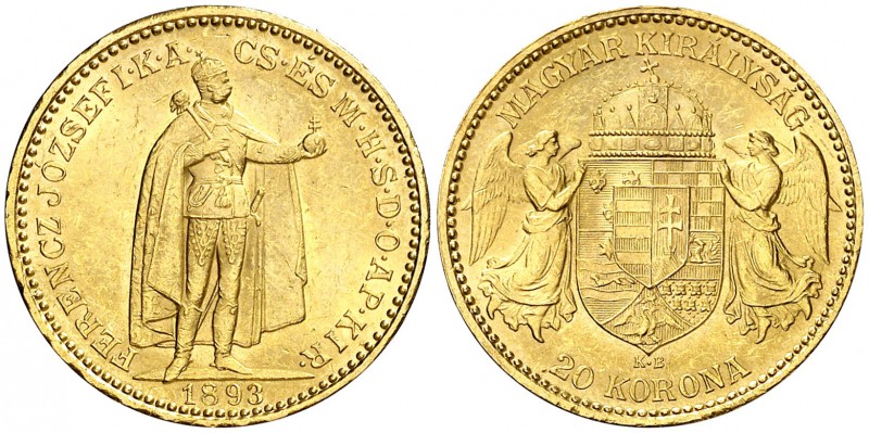 1893. Hungría. Francisco José I. (Kremnitz). 20 coronas. (Fr. 250) (Kr. 486). 6,...