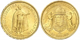 1893. Hungría. Francisco José I. (Kremnitz). 20 coronas. (Fr. 250) (Kr. 486). 6,76 g. AU. Leves marquitas. EBC-.