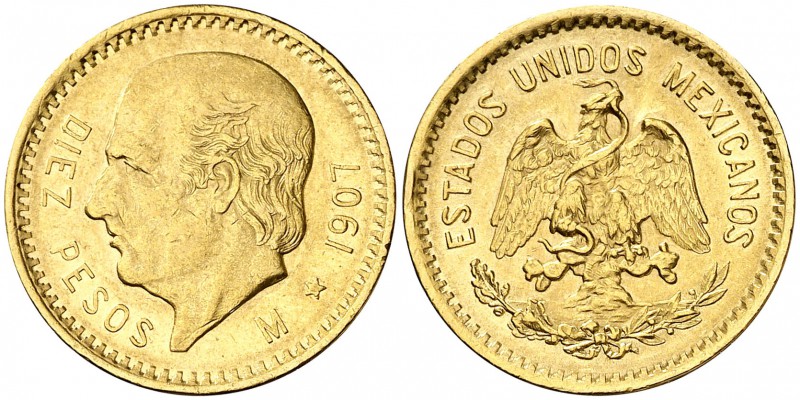 1907. México. M (México). 10 pesos. (Fr. 166) (Kr. 473). 8,30 g. AU. EBC.