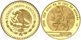 1985. México. (México). 250 pesos. (Fr. 188) (Kr. 506.2). 8,63 g. AU. Mundial de Fútbol-México '86. Proof.