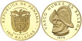 1975. Panamá. 100 balboas. (Fr. 1) (Kr. 41). 8,22 g. AU. 500º Aniversario del nacimiento de Balboa. Proof.