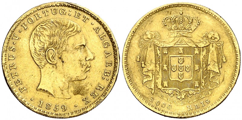 1859. Portugal. Pedro V. 2000 reis. (Fr. 148) (Kr. 500). 3,51 g. AU. Alabeada. (...