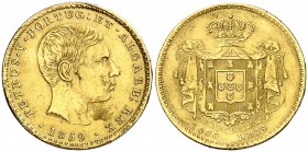 1859. Portugal. Pedro V. 2000 reis. (Fr. 148) (Kr. 500). 3,51 g. AU. Alabeada. (MBC).