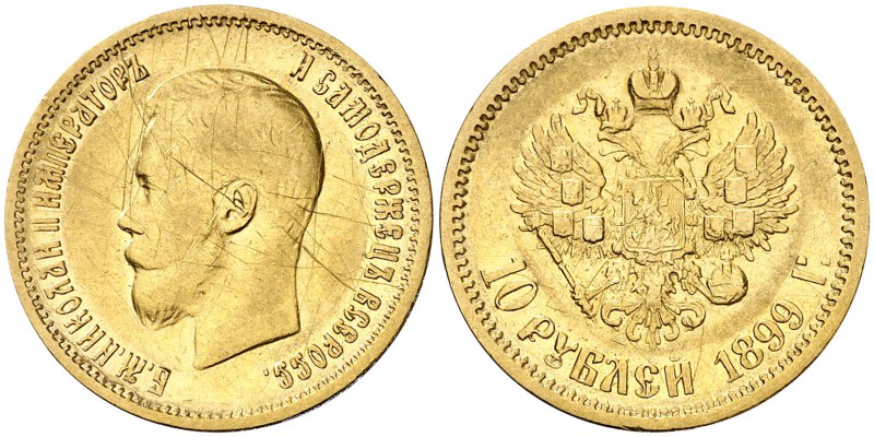 1899. Rusia. Nicolás II. . 10 rublos. (Fr. 179) (Kr. 64). 8,53 g. AU. Rayitas. (...