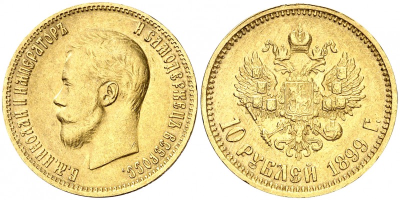 1899. Rusia. Nicolás II. . 10 rublos. (Fr. 179) (Kr. 64). 8,55 g. AU. Golpecitos...
