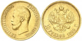 1899. Rusia. Nicolás II. . 10 rublos. (Fr. 179) (Kr. 64). 8,55 g. AU. Golpecitos. MBC+.