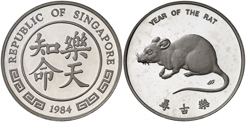 1984. Singapur. 1 onza. (Kr. falta) (UWC. MBA2). 31,18 g. AG. Año de la rata. Pr...