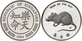 1984. Singapur. 1 onza. (Kr. falta) (UWC. MBA2). 31,18 g. AG. Año de la rata. Proof.