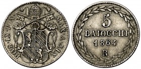 1864. Vaticano. Pio IX. R (Roma). 5 baiocchi. (Kr. 1341b). 1,44 g. AG. Año XIX. MBC+.