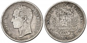 1876. Venezuela. 10 centavos. (Kr. 13.1). 2,42 g. Escasa. MBC-.
