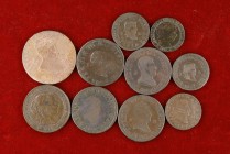 Isabel II y Fernando VII. Jubia. Lote de 10 monedas distintas, algunas muy raras, una falsa de época. A examinar. BC-/MBC-.