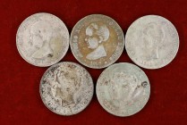 Alfonso XIII. 5 pesetas. Lote de 5 monedas falsas de época. BC+/MBC-.