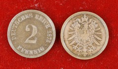 1875 y 1877. Alemania. Guillermo I. J (Hamburgo) y A (Berlín). 2 pfennig. (Kr. 2). CU. Lote de 2 monedas. MBC-/MBC.