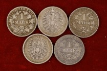 1873, 1881, 1882 y 1886 (dos). Alemania. F (Stuttgart), G (Karlsruhe) y J (Hamburgo). 1 marco. (Kr. 7). AG. Lote de 5 monedas. BC+.