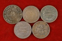 Argentina. Lote formado por 5 monedas de 5 décimos de 1827 y 1 real 1810 de Buenos Aires. 6 monedas. A examinar. MBC-/MBC.