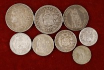 Perú. Lote de 8 monedas de plata: 1/2 real 1855 y 1859, 1 real 1850, 1 dinero 1864, 1903, 1916, 1/5 de sol 1865 y 1 peseta 1880. MBC/EBC-.