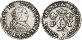 1789. Carlos IV. Granada. Módulo 2 reales. (Ha. 42) (V. 81 var) (V.Q. 13101). 6,16 g. Plata fundida. MBC+.