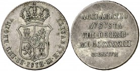1833. Isabel II. Jaén. Medalla de Proclamación. Módulo 2 reales. (Ha. 16). 5,89 g. Ex Colección Breogán, Áureo 22/10/1998, nº 593. Muy escasa. MBC+....