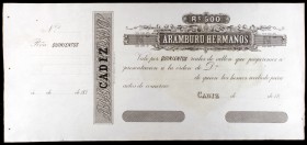 18... Aramburu Hermanos. Cádiz. 500 reales de vellón. Con matriz. EBC.