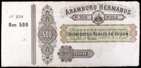 Aramburu Hermanos. Cádiz. 500 reales de vellón. Con matriz. EBC.
