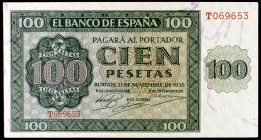 1936. Burgos. 100 pesetas. (Ed. D22a). 21 de noviembre. Serie T. S/C-.