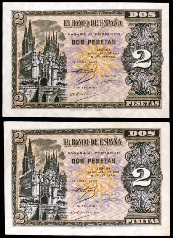 1938. Burgos. 2 pesetas. (Ed. D30a). 30 de abril. Pareja correlativa, serie N. S...